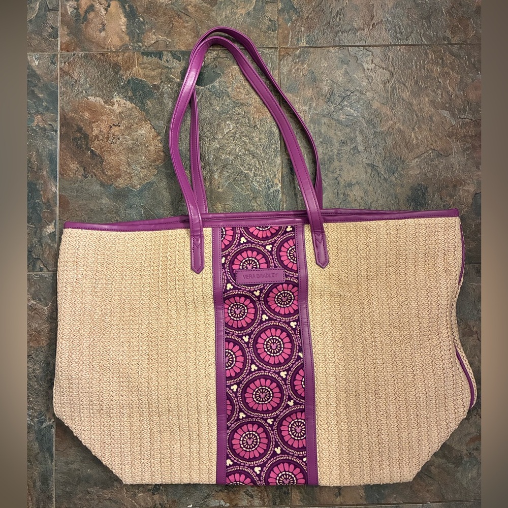 Vera Bradley Disney Parks Plums Up Mickey Medallions Straw Tote Bag